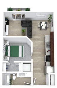 3D floor plan of a one-bedroom apartment. Features include a bedroom with a green bed, an open living area with a gray sofa, a small dining table for two, a kitchen with modern appliances, and a bathroom. Patio with plants visible through glass doors.