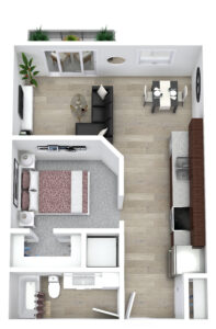 A 3D floor plan of a modern apartment featuring a living area with a black sofa and TV, a small dining table for four, a kitchen with brown cabinets, a bedroom with a double bed, and a bathroom. There's a balcony with plants.