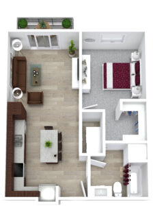 3D floor plan of a one-bedroom apartment. Includes a living room with a sofa and chair, adjacent kitchen with an island, a bedroom with a bed and side tables, a bathroom, a walk-in closet, and a balcony with plants.
