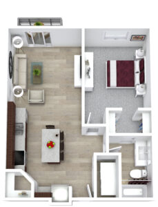 Floor plan of a modern one-bedroom apartment. Features include a living area with sofa and chair, a small dining table, kitchen with island, a bedroom with a bed, and a bathroom. Light wood flooring and neutral decor dominate the space.