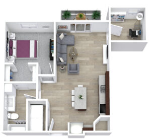 A 3D floor plan of an apartment with a bedroom, bathroom, and open living area. The living room includes a sofa and TV, adjoining a dining area with a table. A desk is in a separate workspace. A small balcony with plants is visible.