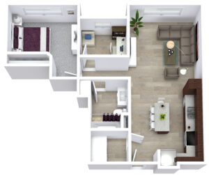 3D floor plan of an apartment showing a living room with a sectional sofa, coffee table, and TV; a dining area with a table and chairs; a kitchen with an island; a bedroom with a bed and desk; and a bathroom, all with modern decor and light wood floors.