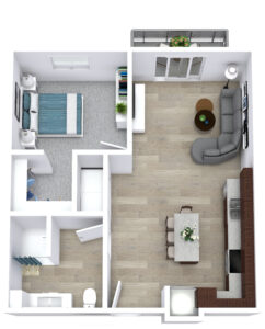 3D floor plan of an apartment with a bedroom, bathroom, open living and dining area, and a kitchen. The living space features a sofa and a TV, and the dining area has a table. A balcony is visible beyond the living room.