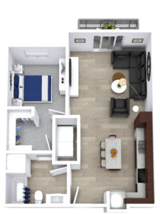 A 3D floor plan features a bedroom with a double bed, a bathroom, a kitchen with an island and bar stools, and a living room with a sofa, table, and TV. Light wood flooring runs through the living and kitchen areas, with carpet in the bedroom.