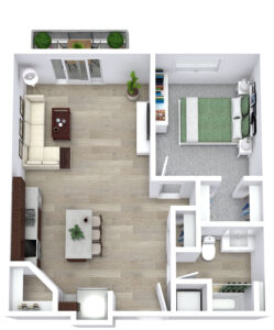 A top-down view of a modern apartment floor plan. It features a living room with a sofa, coffee table, and TV unit, an open kitchen with an island, a bedroom with a bed and side tables, and a bathroom. A balcony is visible at the top left.