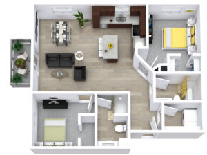 3D floor plan of a modern apartment with a kitchen, living room, dining area, two bedrooms, two bathrooms, and a balcony. The layout features wooden flooring, contemporary furniture, and an open design with ample natural light.
