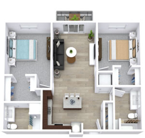 3D floor plan of an apartment with two bedrooms, each featuring a bed and nightstands. There's a living area with a sofa and table, a dining area, two bathrooms, and a kitchen. A small balcony is visible at the top. The flooring is wood and carpet.