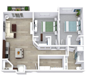 A 3D floor plan of an apartment featuring a living room with a couch and TV, a kitchen with a dining table, two bedrooms each with a bed, and a bathroom. There's a small balcony with a couple of plants.