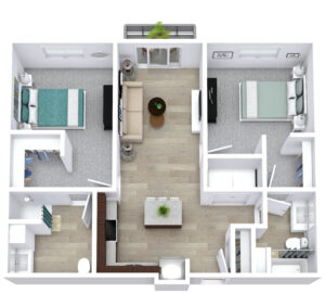 3D floor plan of a two-bedroom apartment. Features include a central living room with a sofa and TV, a kitchen with a dining table, two bedrooms with beds, and two bathrooms. The layout includes a balcony and various furnishings.