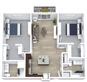 A 3D floor plan of a modern apartment with two bedrooms on the right and left. The center features a living room, dining area, and kitchen. Bathrooms are adjacent to each bedroom. A small balcony is at the top of the layout.