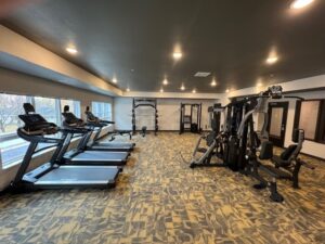 A spacious, well-lit gym room with three treadmills on the left, various strength training machines and equipment on the right, and large windows along one wall letting in natural light.